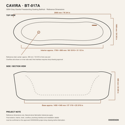 Cavira BT-017A G654 Gray Granite bathtub dimensions, 2000 x 1000 x 600 mm