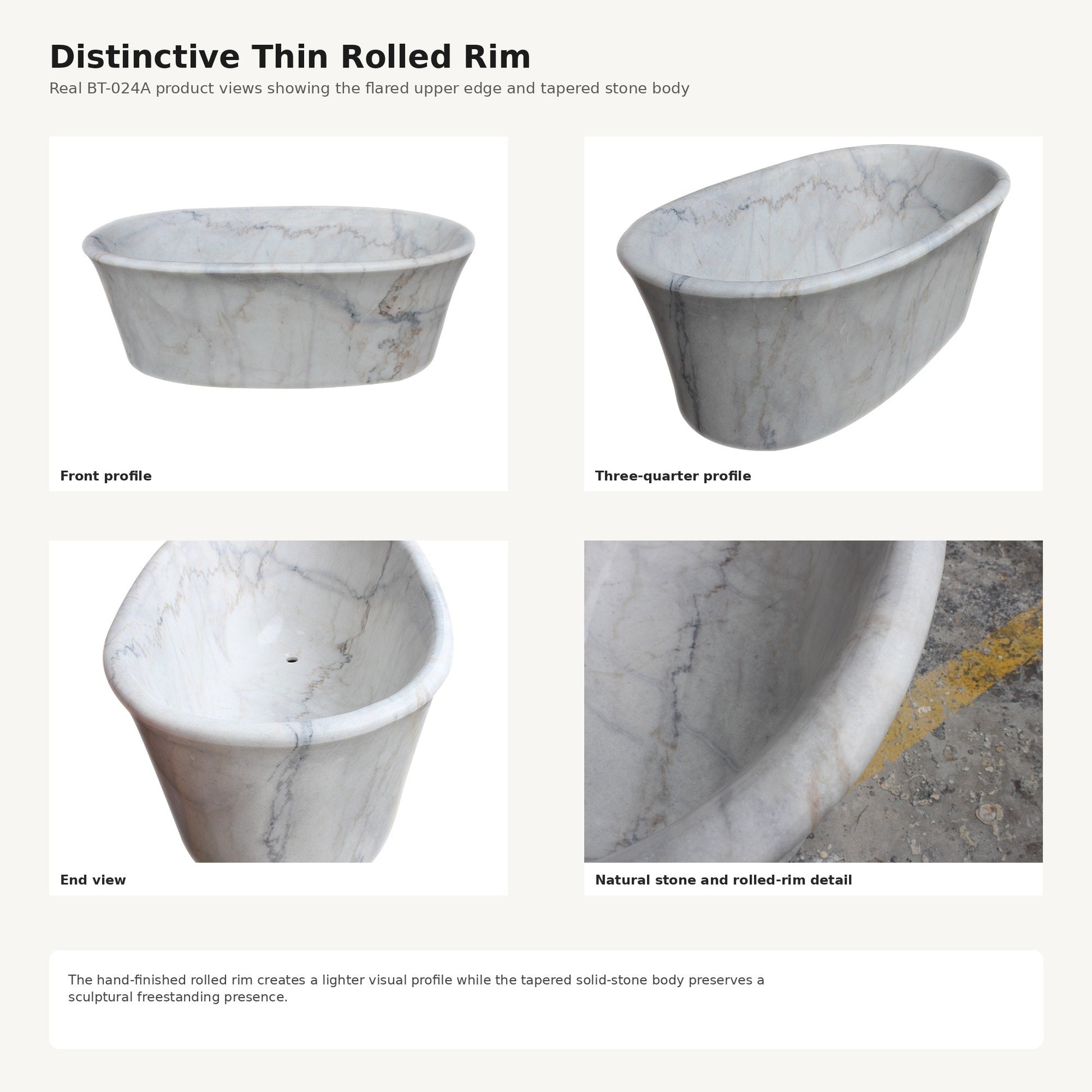Elara BT-024A rolled-rim marble bathtub design features and natural stone details
