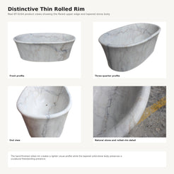 Elara BT-024A rolled-rim marble bathtub design features and natural stone details