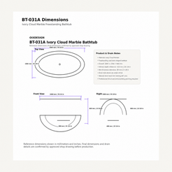 Mira BT-031A Ivory Cloud Marble bathtub dimensions, 2000 x 1000 x 600 mm