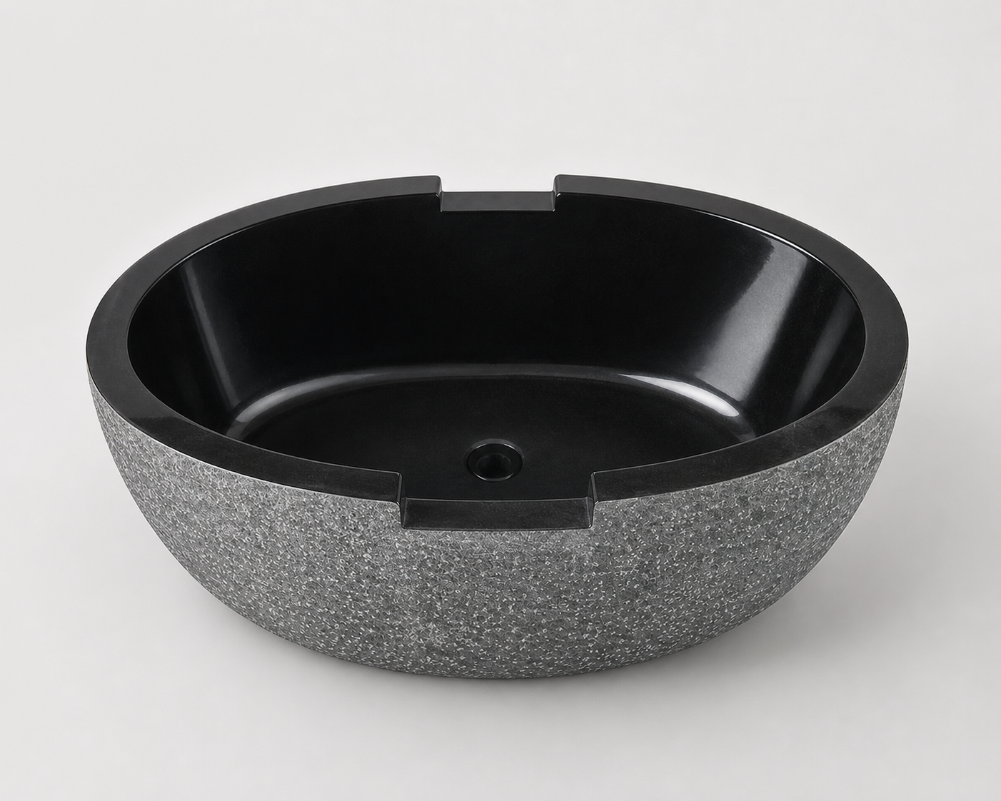 Noctira Absolute Black Granite bathtub, polished interior and centered drain top studio visualization