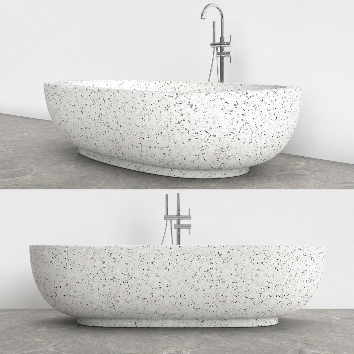 Selvara BT-134A alba-white-terrazzo bathtub exterior side profile and aggregate surface detail