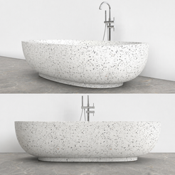 Selvara BT-134A alba-white-terrazzo bathtub exterior side profile and aggregate surface detail