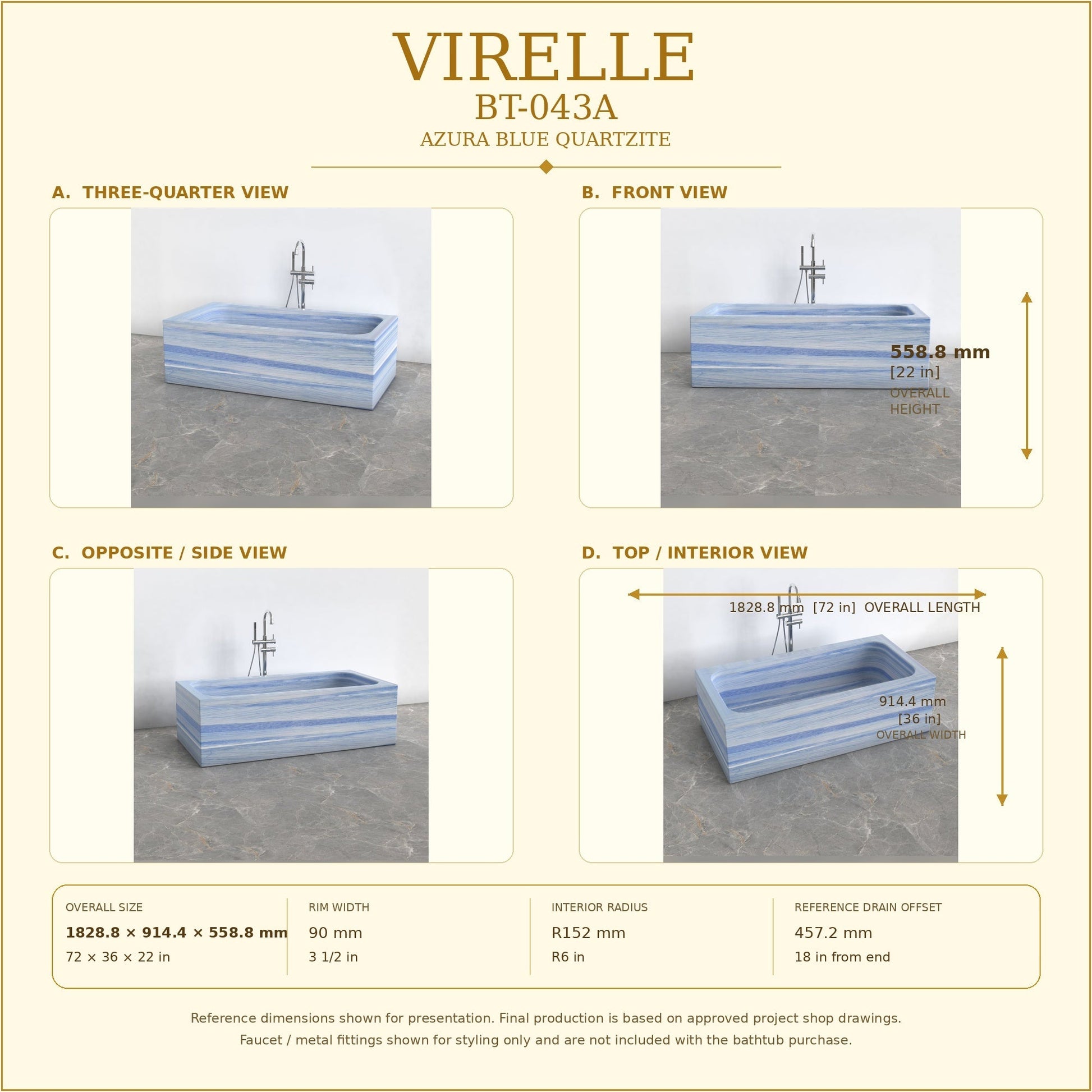 Virelle BT-043A Azura Blue Quartzite bathtub reference dimensions, 1828.8 × 914.4 × 558.8 mm / 72 × 36 × 22 in