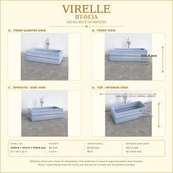 Virelle BT-043A Azura Blue Quartzite bathtub reference dimensions, 1828.8 × 914.4 × 558.8 mm / 72 × 36 × 22 in