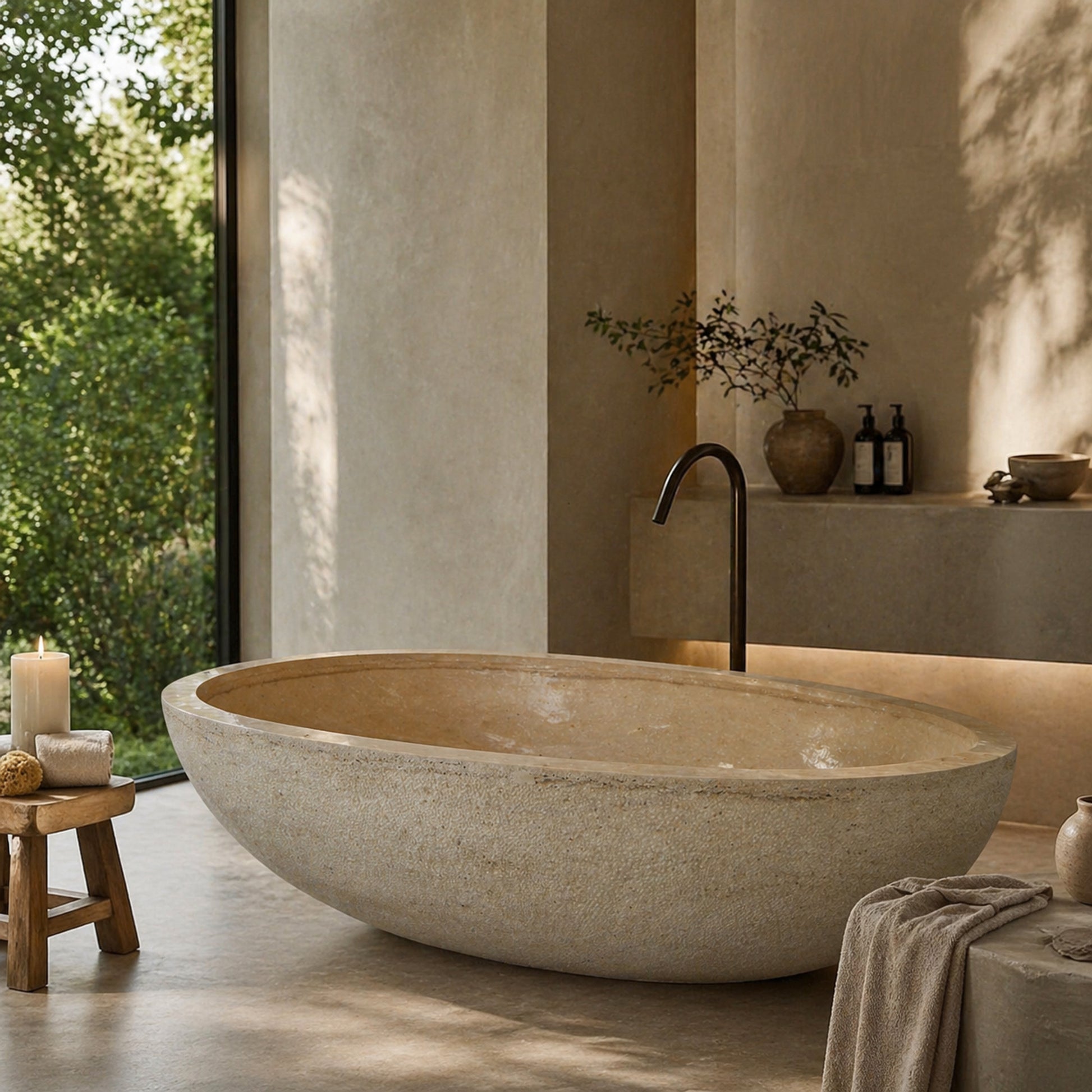 YARA Beige Travertine soaking bathtub in a light luxury bathroom, styled visualization