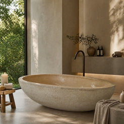 YARA Beige Travertine soaking bathtub in a light luxury bathroom, styled visualization