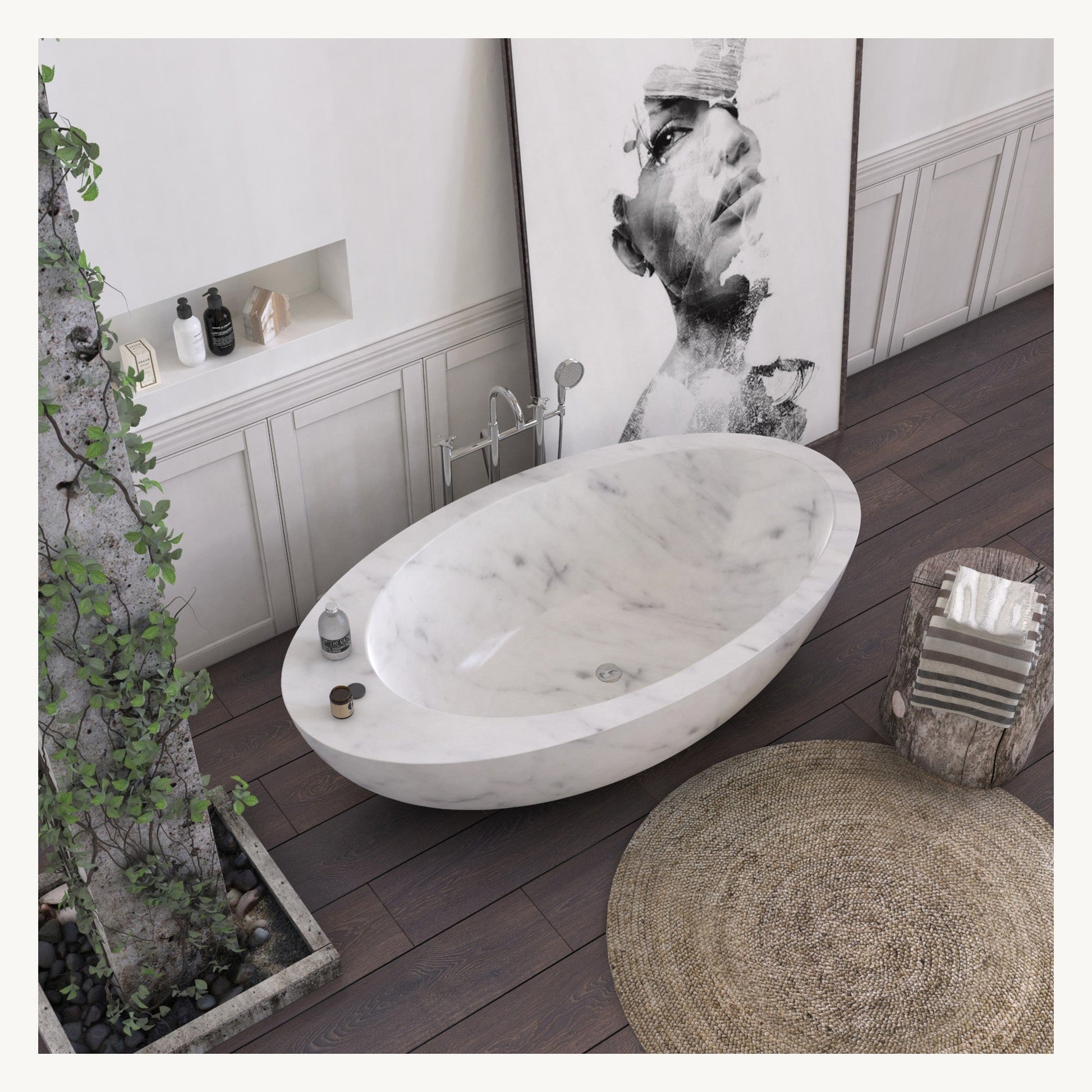 Yaris Carrara White Marble bathtub, interior stone pattern and drain detail