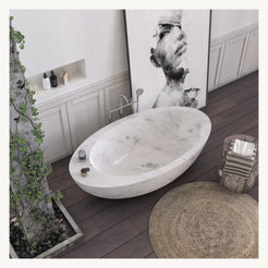 Yaris Carrara White Marble bathtub, interior stone pattern and drain detail