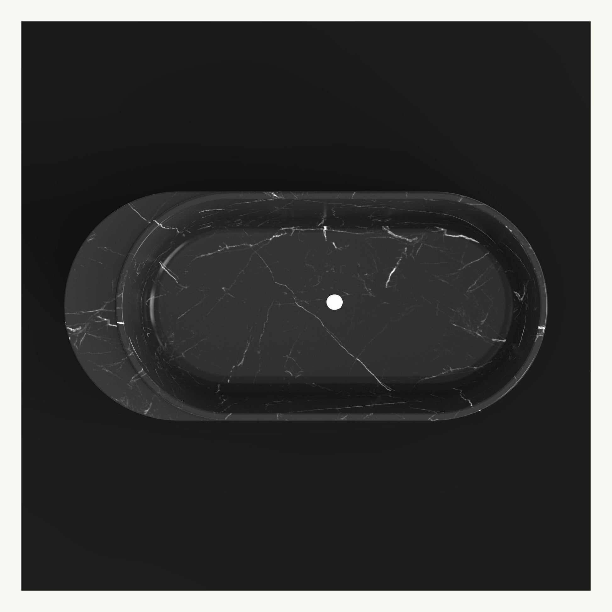 Yetta Portoro Black Marble bathtub, studio top view with drain and asymmetrical rim