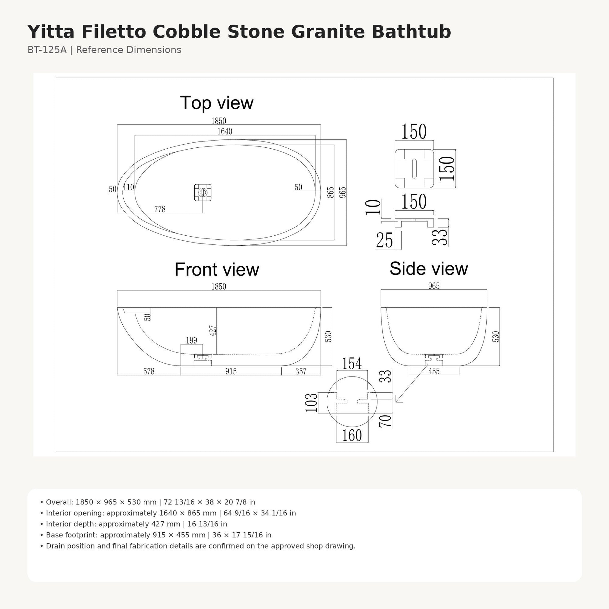 Yitta Filetto Cobble Stone Granite bathtub reference dimensions