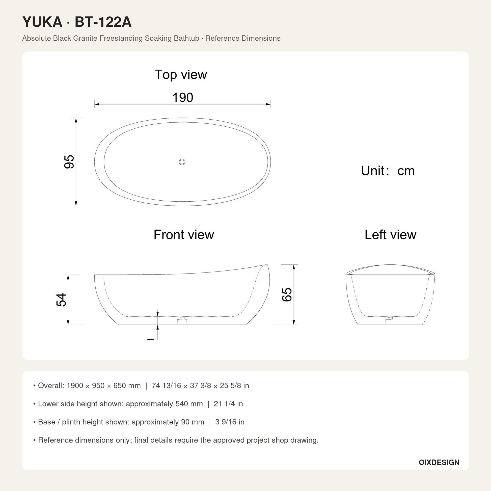 Yuka Absolute Black Granite bathtub reference dimensions