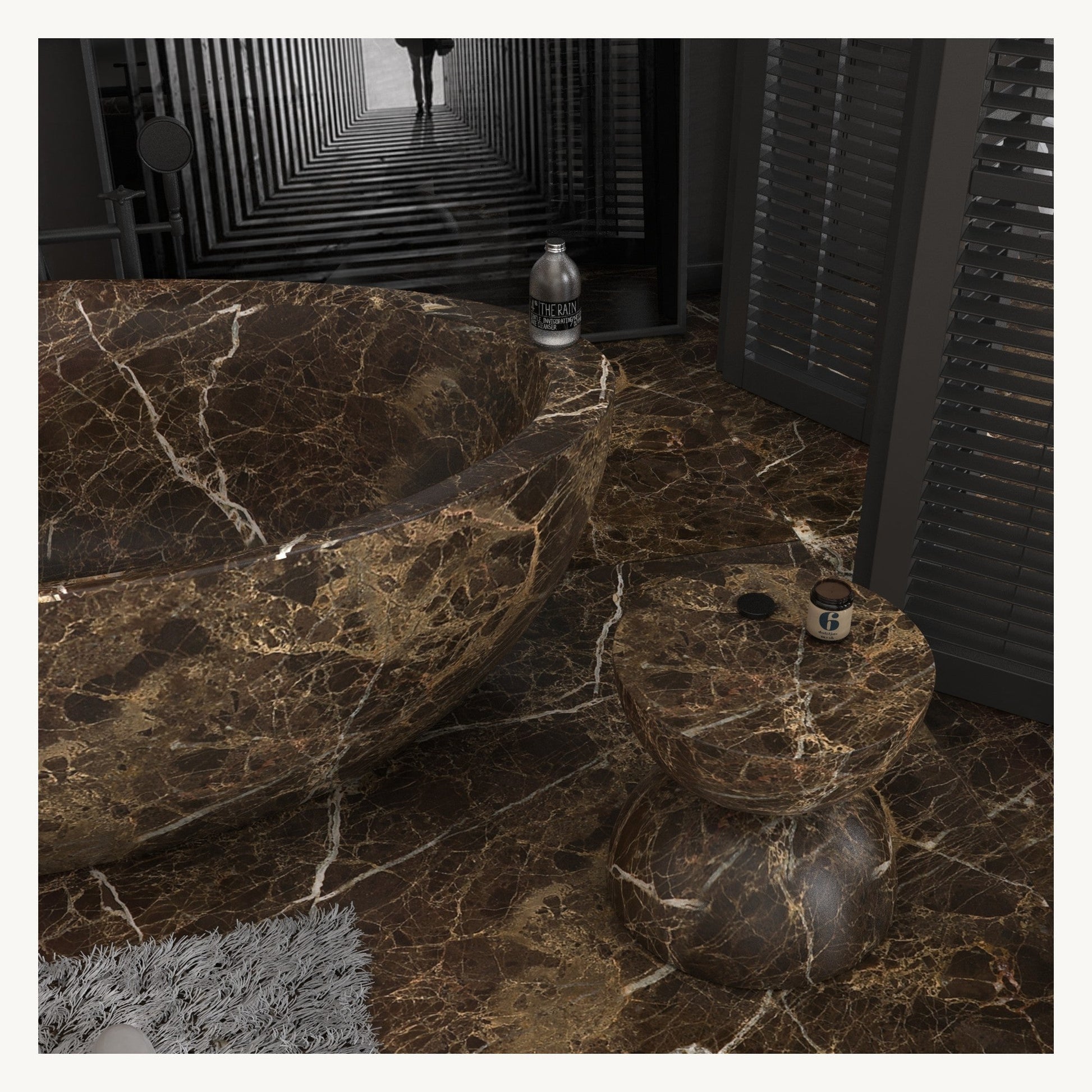 Yuka Dark Emperador Marble bathtub, interior stone pattern and center drain detail