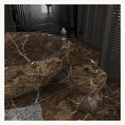 Yuka Dark Emperador Marble bathtub, interior stone pattern and center drain detail