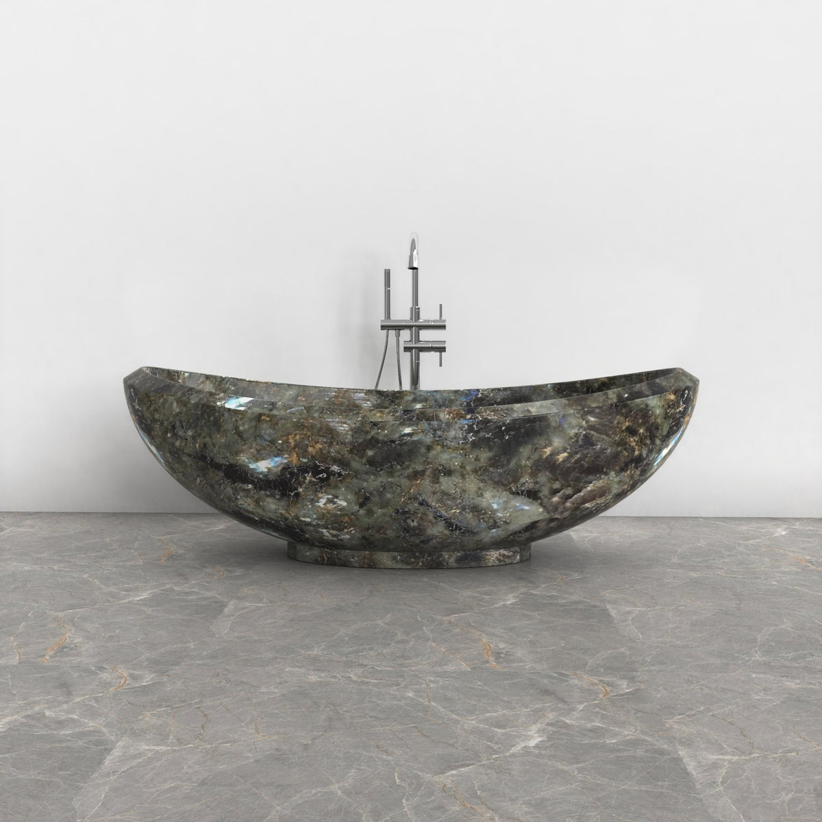 Yuna Celestia Blue Quartzite bathtub, exact-source front view showing raised rim and mineral pattern