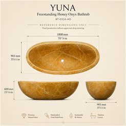 Yuna Honey Onyx bathtub reference dimensions in millimeters and inches with BT-032A-HO product drawing reference