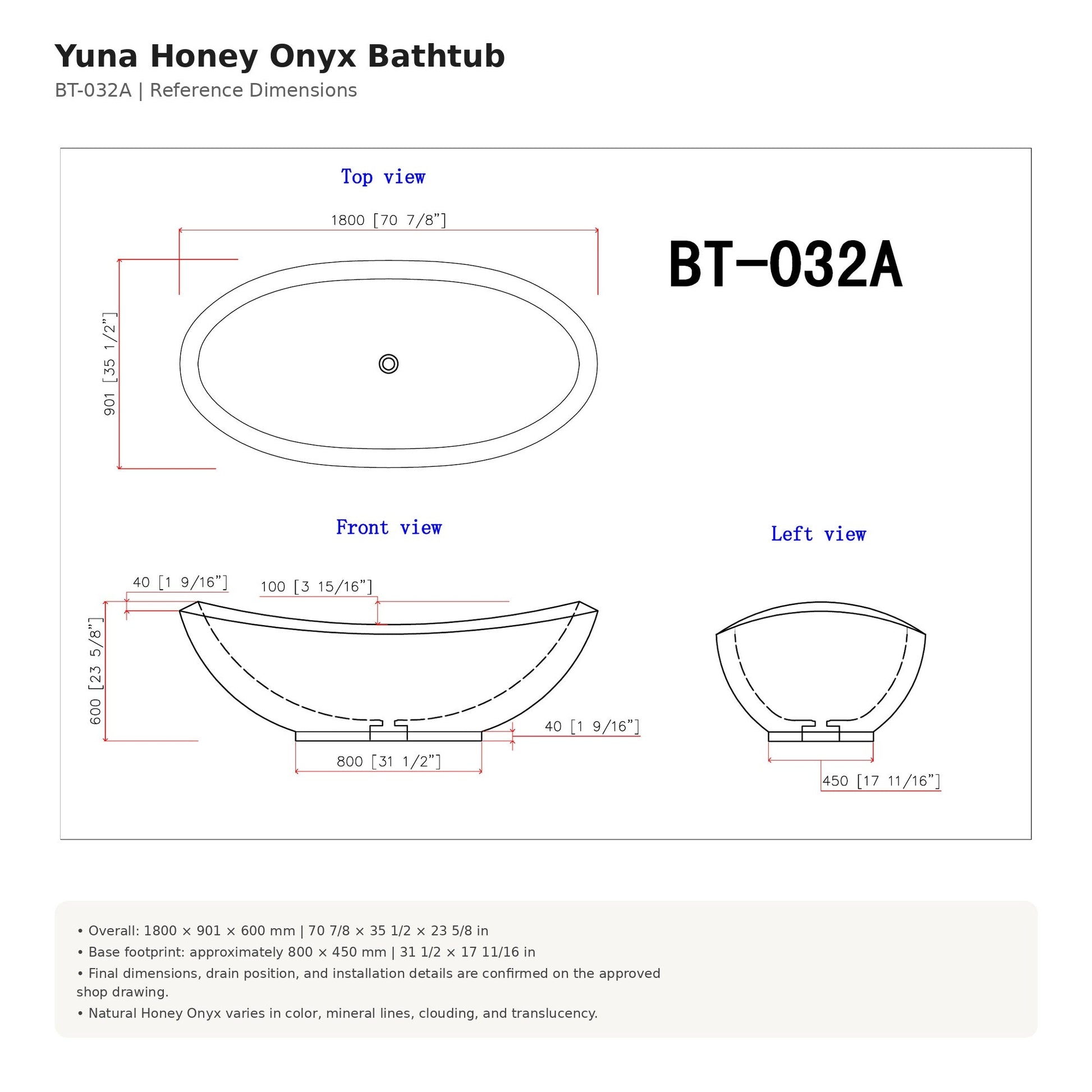 Yuna Honey Onyx bathtub dimensions in millimeters and inches with BT-032A shop drawing reference