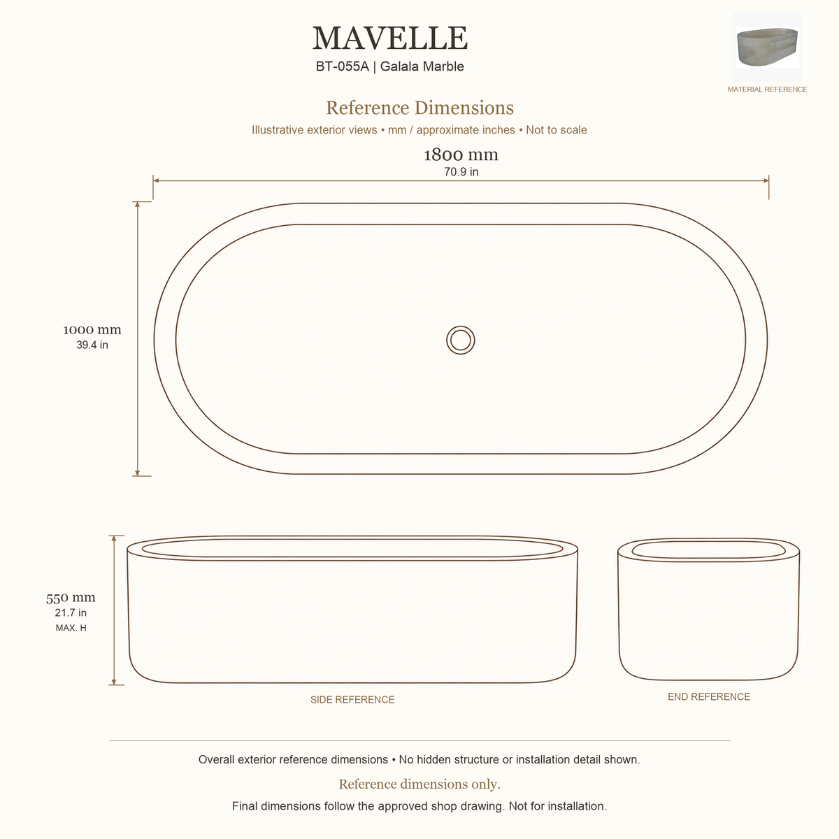 Mavelle BT-055A Galala Marble bathtub reference dimensions: 1800 × 1000 × 550 mm (L × W × maximum overall H). Source-based exterior illustration; not to scale. Final dimensions follow approved shop drawing; not for installation.