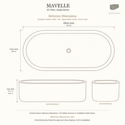 Mavelle BT-055A Galala Marble bathtub reference dimensions: 1800 × 1000 × 550 mm (L × W × maximum overall H). Source-based exterior illustration; not to scale. Final dimensions follow approved shop drawing; not for installation.