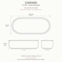 Lysenne BT-130A Carrara White Marble bathtub custom size example: 1727 × 914 × 559 mm (L × W × maximum overall H). Final dimensions follow the approved shop drawing; not for installation.