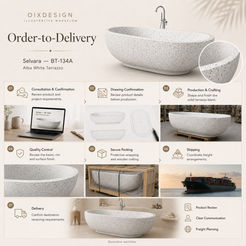Selvara BT-134A Alba White Terrazzo bathtub — order-to-delivery; illustrative workflow.