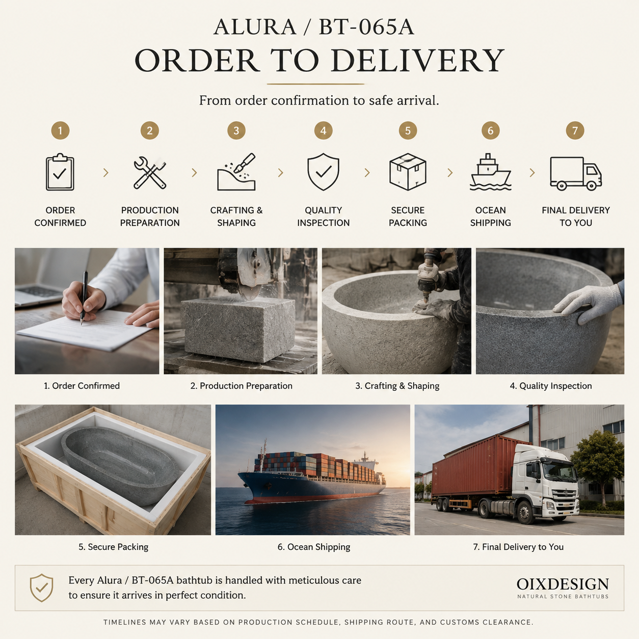 Alura BT-065A Alpine Silver Granite representative order-to-delivery process from order confirmation and production through inspection packing ocean freight and final delivery