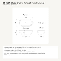 Arden BT-019A natural-face black granite bathtub dimensions, 1850 × 960 × 600 mm