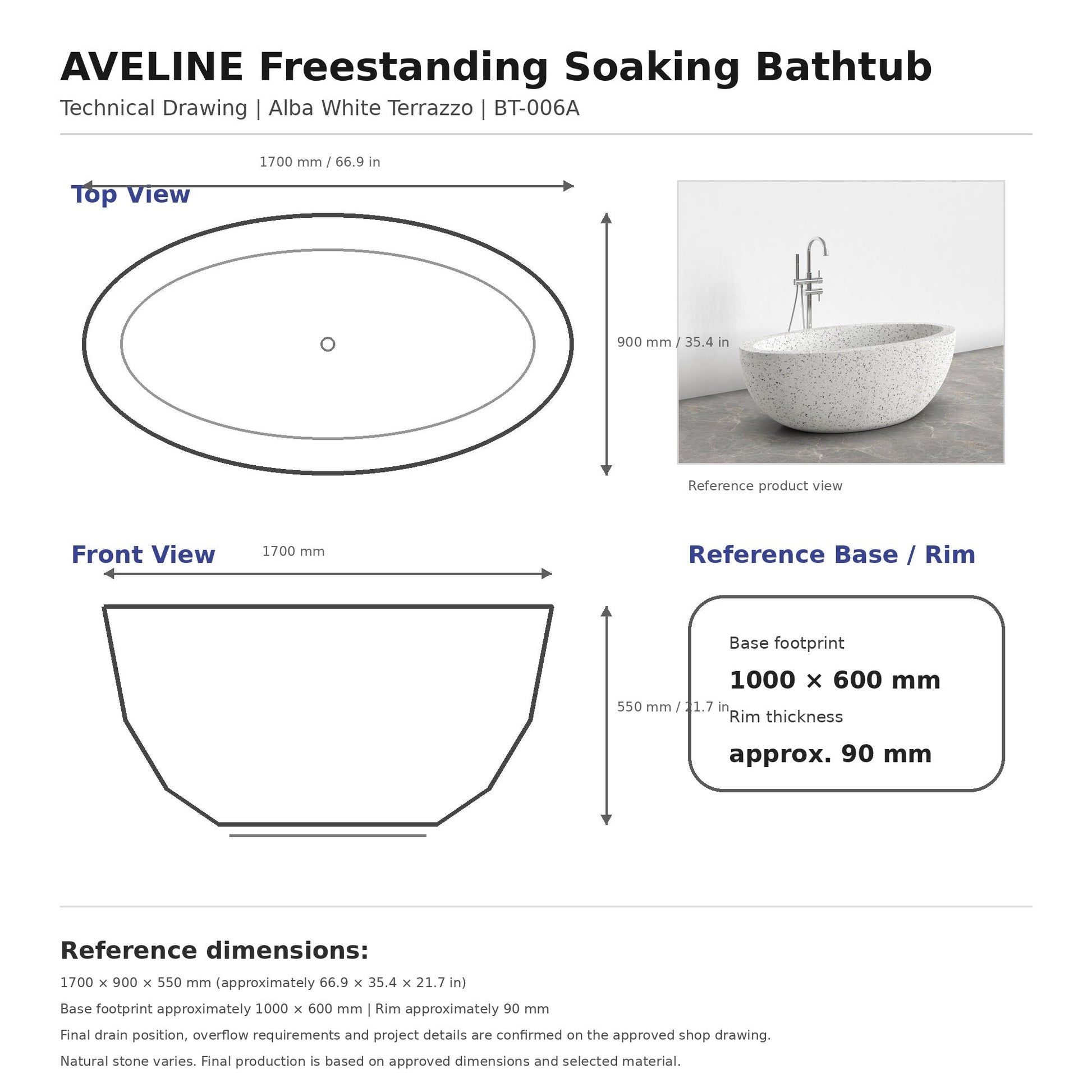 Aveline Alba White Terrazzo bathtub, BT-006A reference dimensions and technical drawing