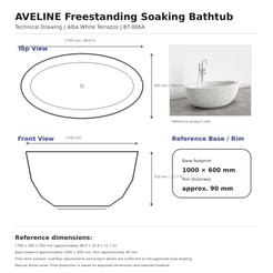 Aveline Alba White Terrazzo bathtub, BT-006A reference dimensions and technical drawing