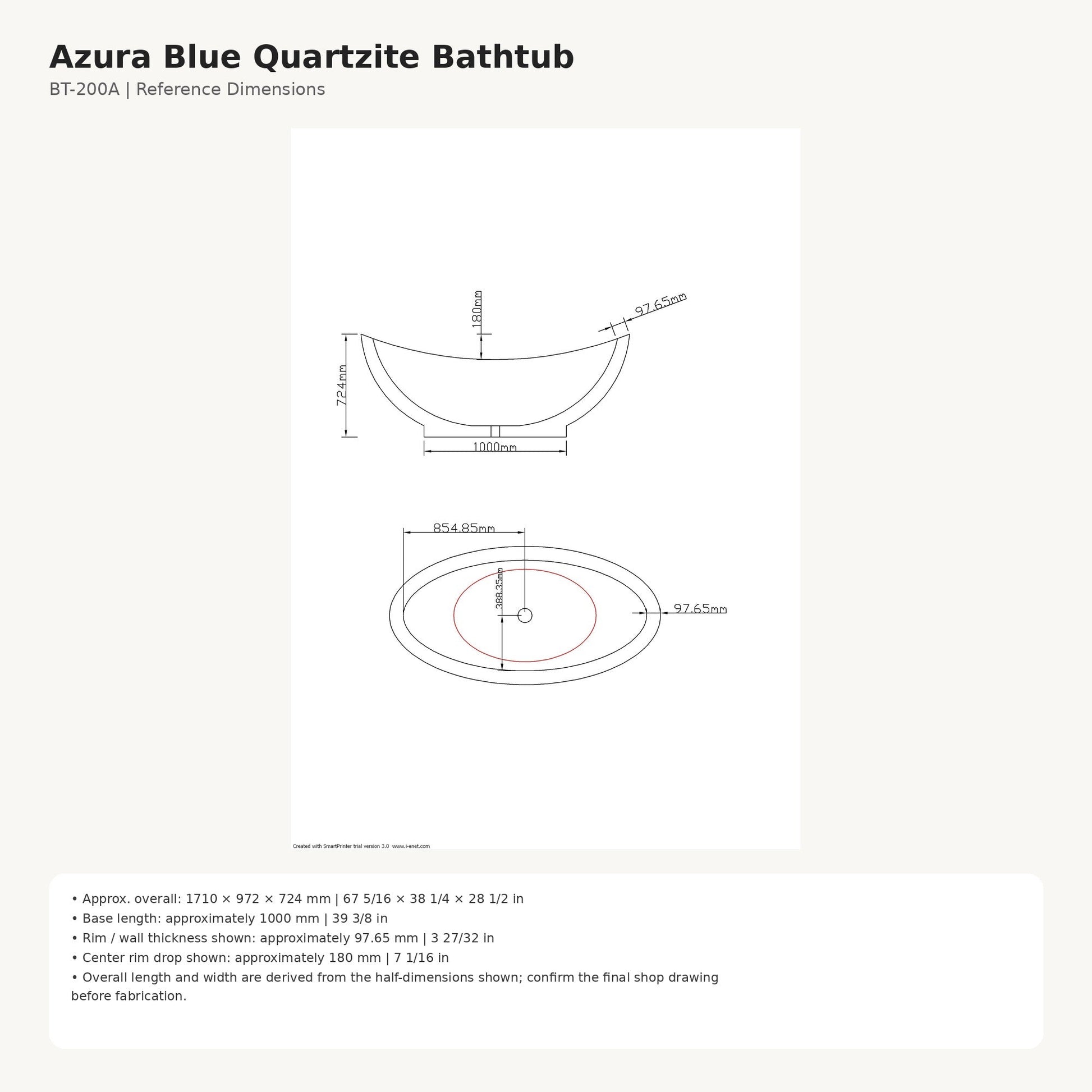 Azura Blue Quartzite bathtub BT-200A reference dimensions and curved profile drawing