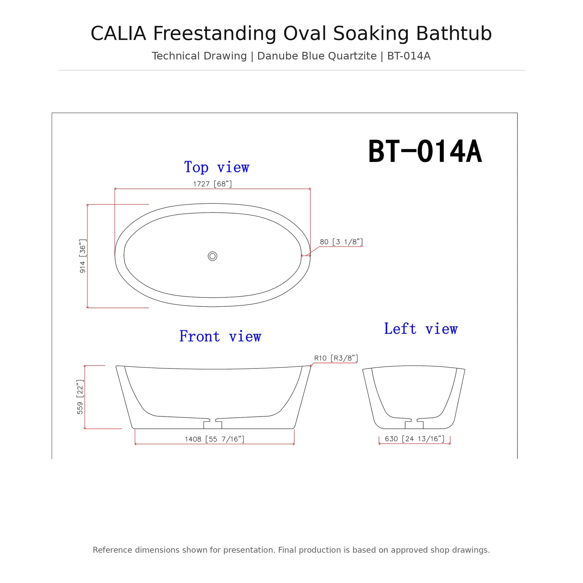 Calia Danube Blue Quartzite soaking bathtub reference dimensions drawing, approximately 68 × 36 × 22 inches