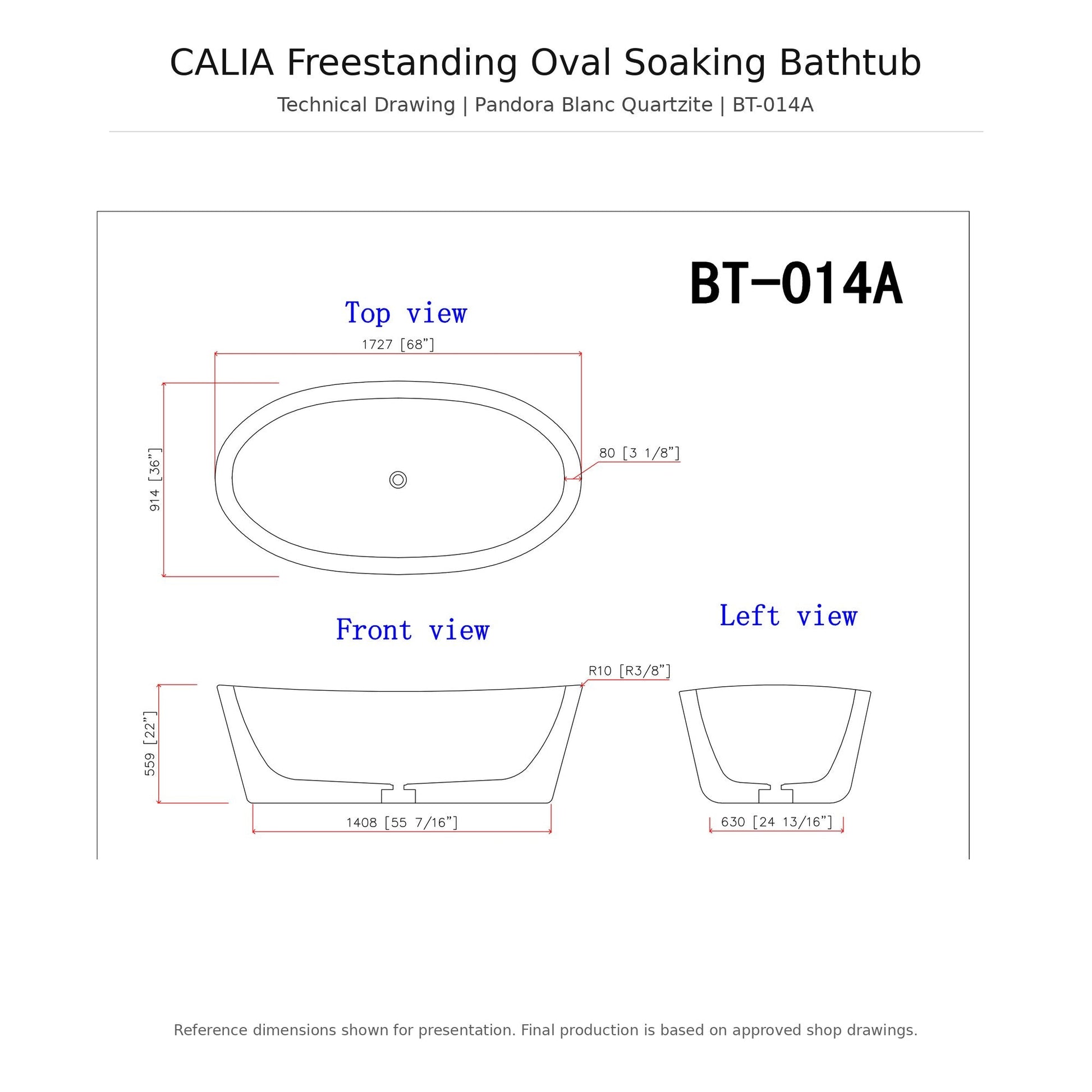 Calia Pandora Blanc Quartzite soaking bathtub reference dimensions drawing, approximately 68 × 36 × 22 inches