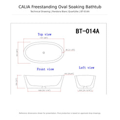 Calia Pandora Blanc Quartzite soaking bathtub reference dimensions drawing, approximately 68 × 36 × 22 inches