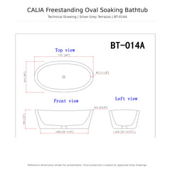 Calia Silver Grey Terrazzo soaking bathtub reference dimensions drawing, approximately 68 × 36 × 22 inches