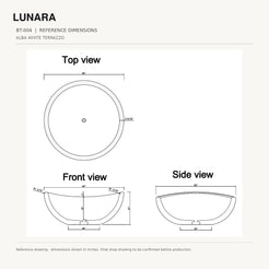 Lunara round freestanding Alba White Terrazzo soaking bathtub, 66-inch reference dimensions drawing