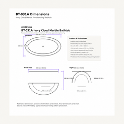 Mira BT-031A Ivory Cloud Marble bathtub dimensions, 2000 x 1000 x 600 mm