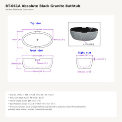 Noctira BT-061A Absolute Black Granite bathtub dimensions, 1727.2 x 915 x 558.8 mm