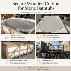 OIXDESIGN secure wooden crating process for natural stone bathtubs with protective wrap, foam lining, reinforced timber frame, and freight loading