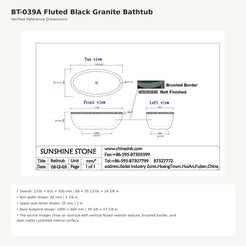 Rivelle BT-039A fluted black granite bathtub dimensions, 1730 × 910 × 500 mm