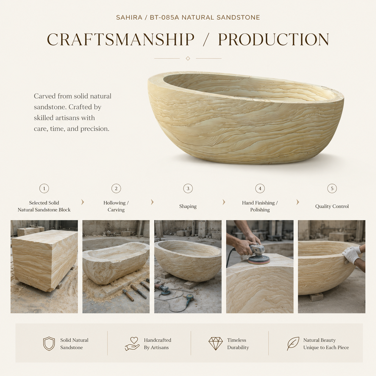 Sahira BT-085A Natural Sandstone craftsmanship and production reference: selected solid sandstone block, hollowing and carving, shaping, hand finishing and polishing, and quality control