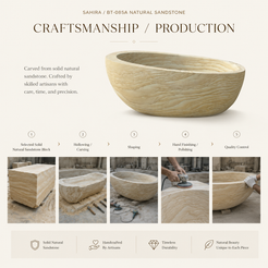 Sahira BT-085A Natural Sandstone craftsmanship and production reference: selected solid sandstone block, hollowing and carving, shaping, hand finishing and polishing, and quality control