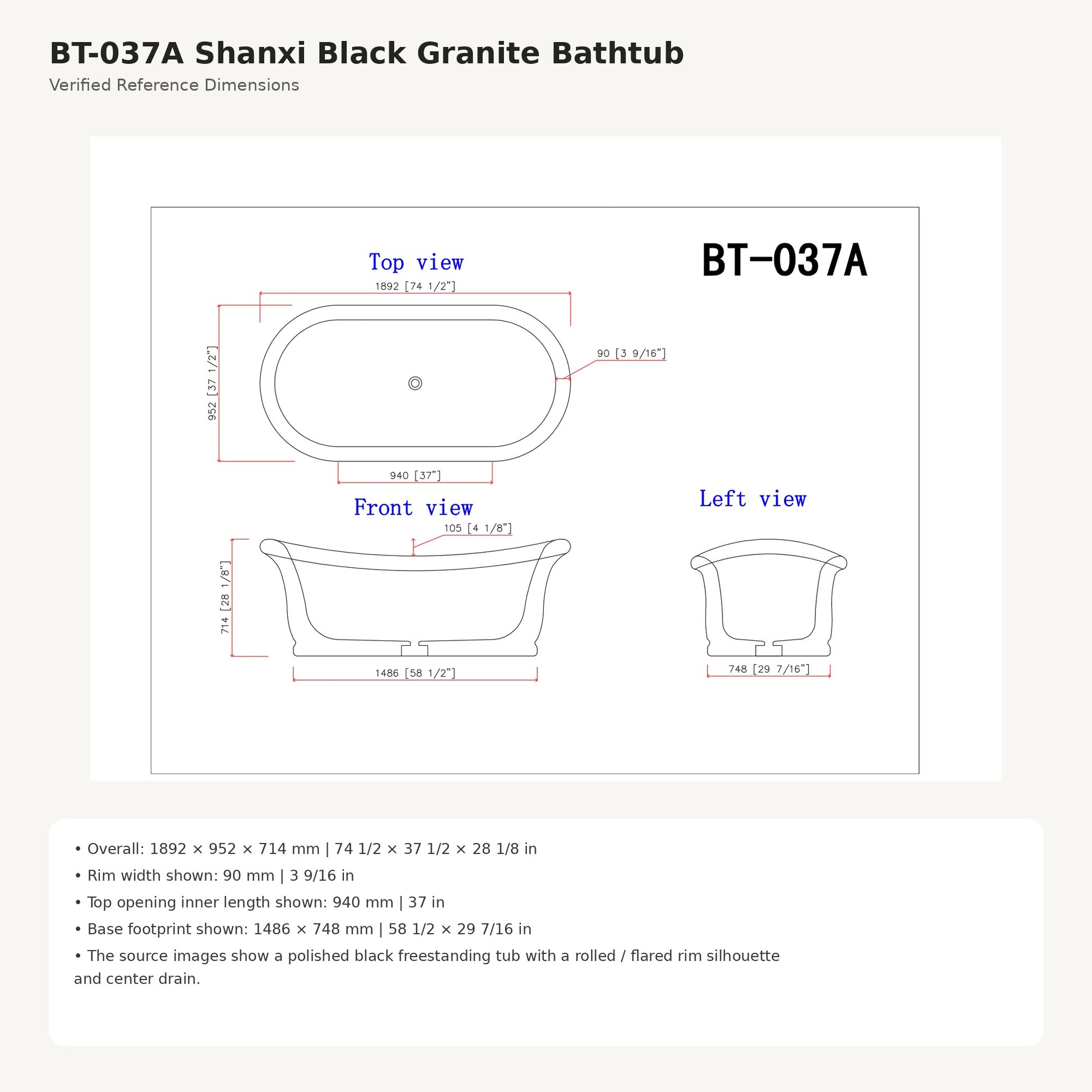 Vallora BT-037A Shanxi Black Granite bathtub dimensions, 1892 × 952 × 714 mm