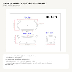 Vallora BT-037A Shanxi Black Granite bathtub dimensions, 1892 × 952 × 714 mm