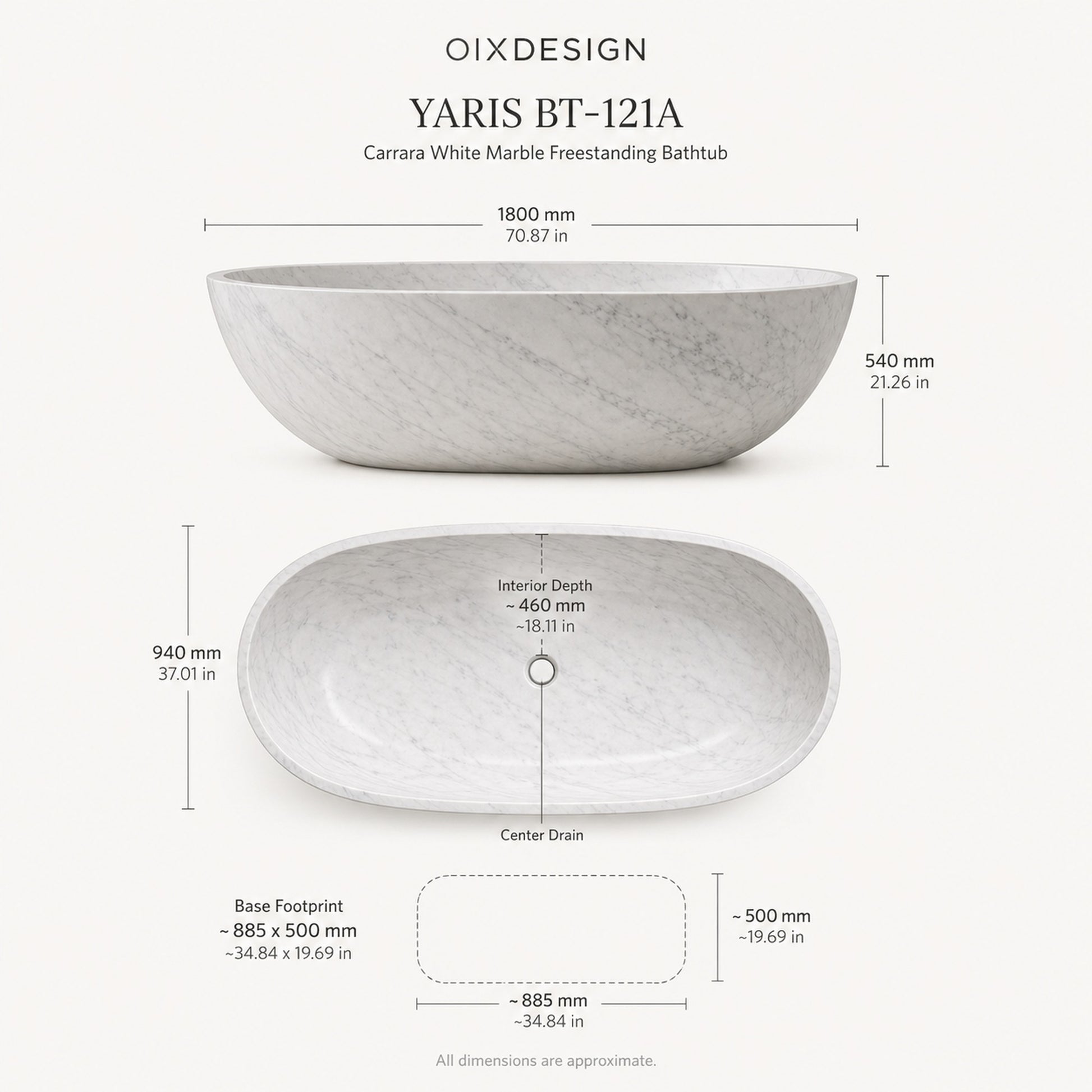 Yaris Carrara White Marble bathtub dimensions, 1800 x 940 x 540 mm, with center drain and reference base footprint