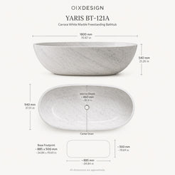 Yaris Carrara White Marble bathtub dimensions, 1800 x 940 x 540 mm, with center drain and reference base footprint