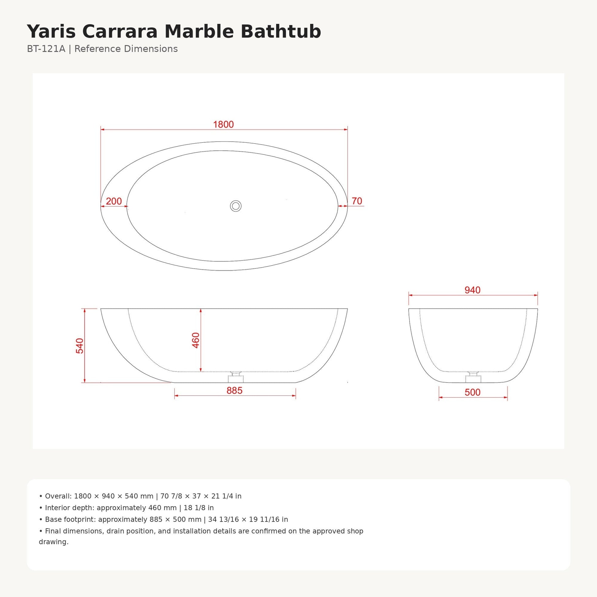Yaris Carrara White Marble bathtub dimensions, 1800 x 940 x 540 mm