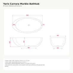 Yaris Carrara White Marble bathtub dimensions, 1800 x 940 x 540 mm