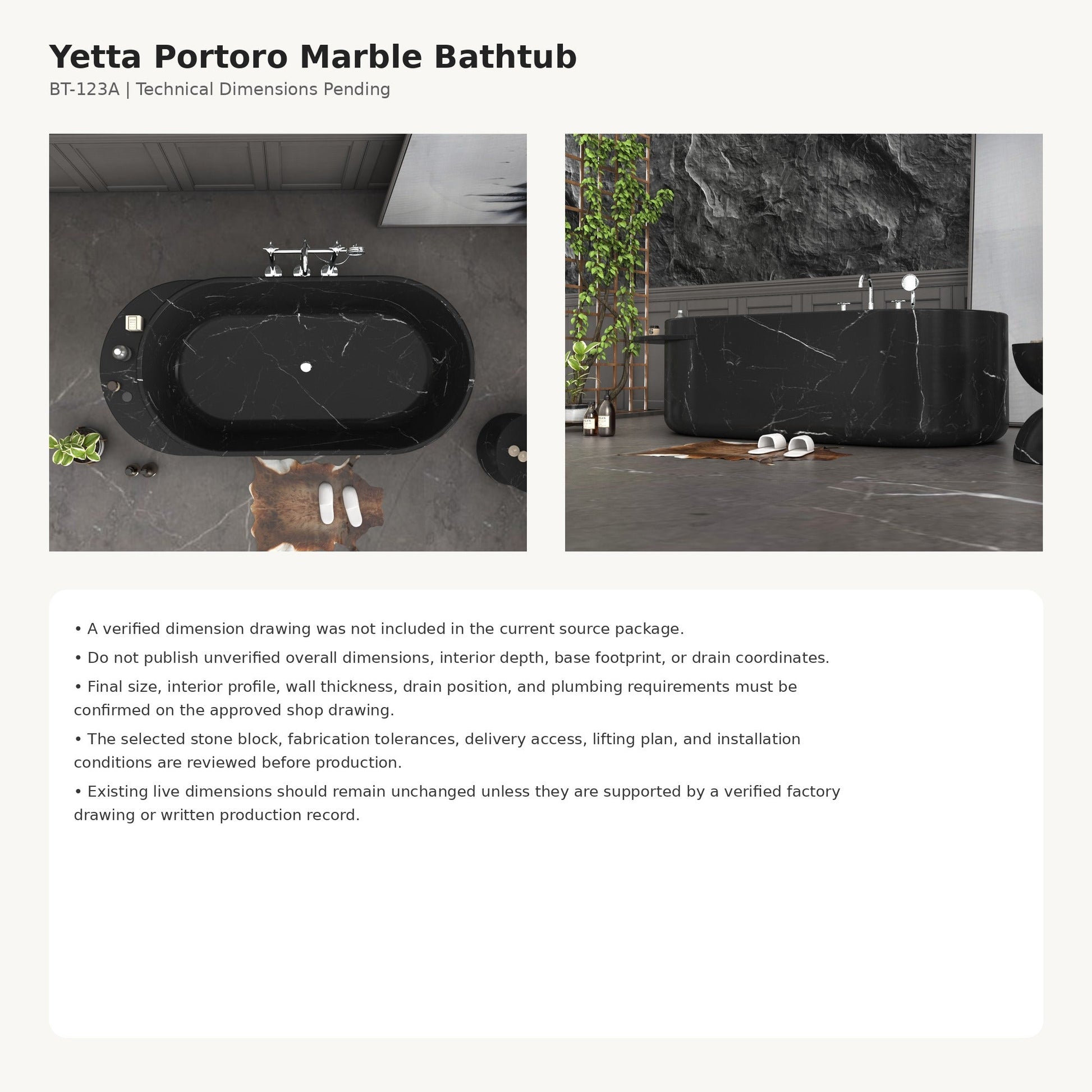Yetta BT-123A Portoro Black Marble bathtub dimensions pending approved shop drawing