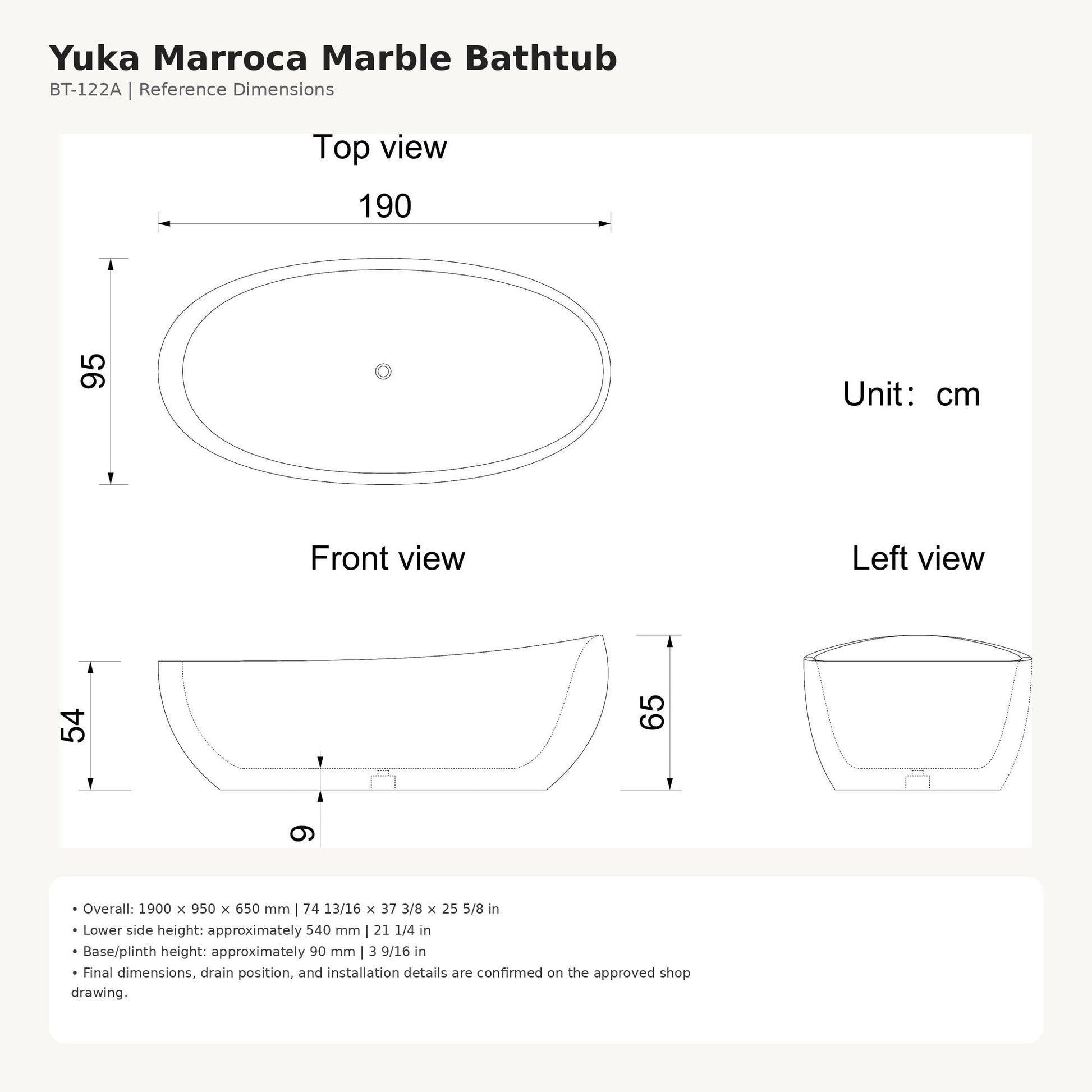 Yuka Dark Emperador Marble bathtub dimensions, 1900 x 950 x 650 mm