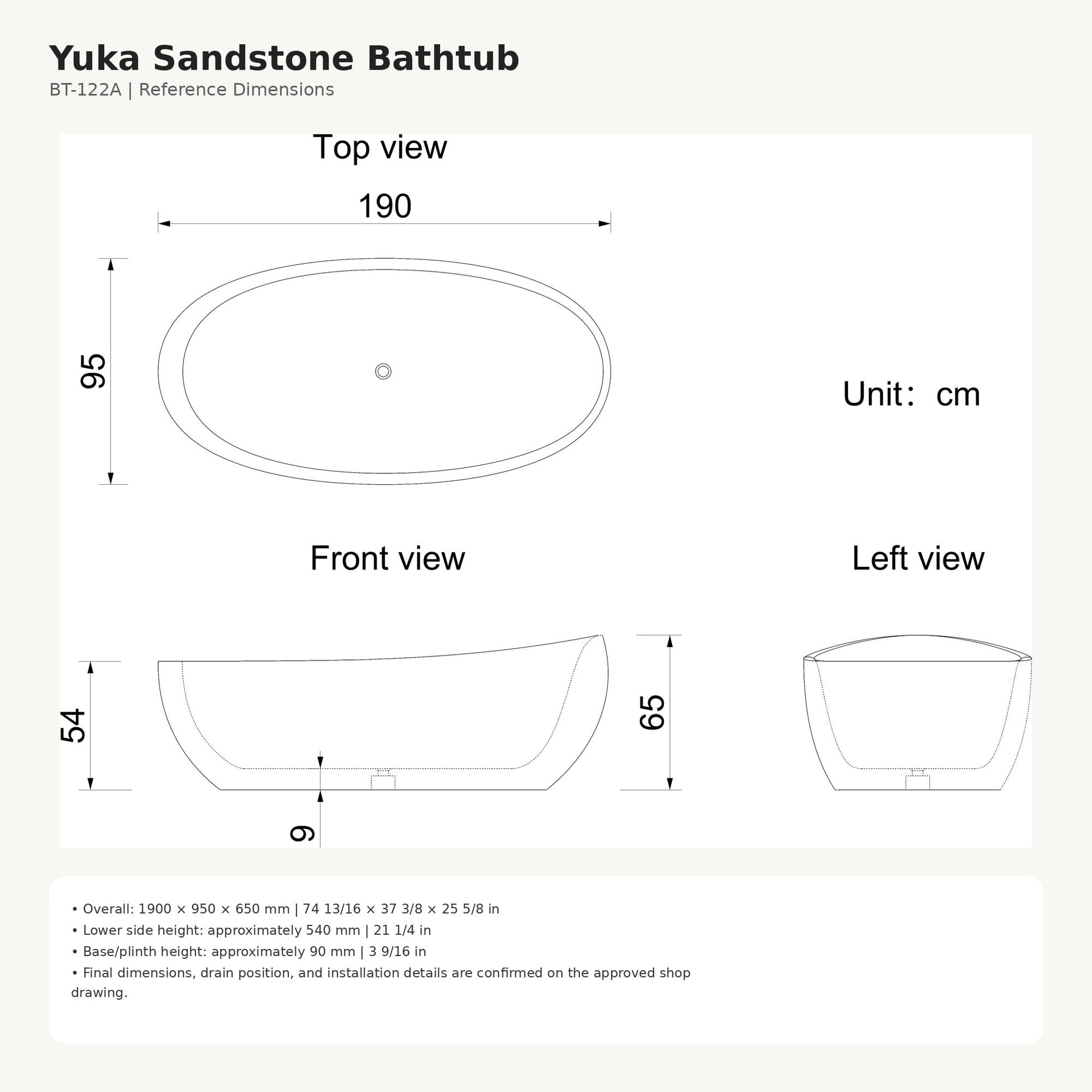 Yuka sandstone bathtub dimensions, 1900 x 950 x 650 mm